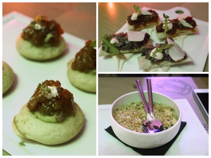 Blinis de ventresca, tartars de buey y tomate y croqueta 