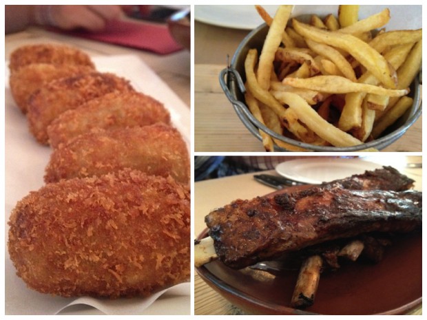 Buenas croquetas caseras, buenas patatas fritas y deliciosas costillitas ibéricas lacadas con miel, soja y jengibre.