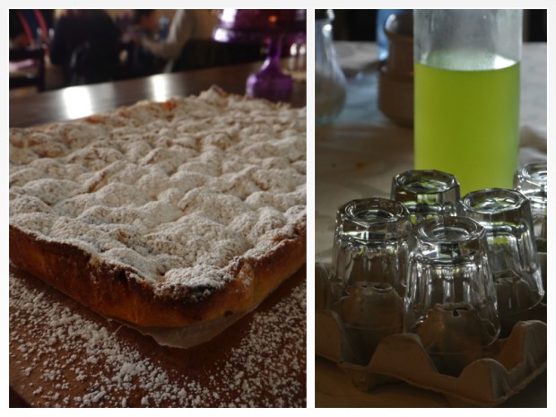 Tarta de manzana y naranja con chupitos de orujo ecológico.