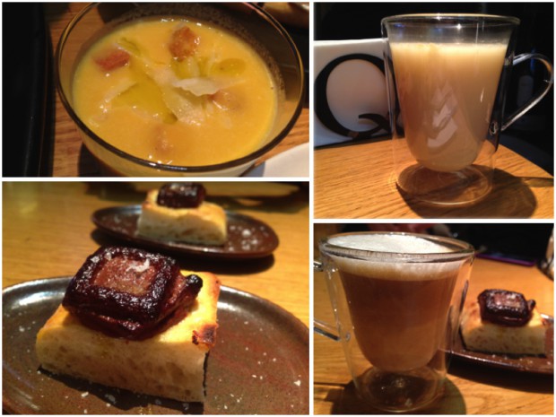 Crema de calabaza, vaso de caldo, onza de chocolate y café cortado.